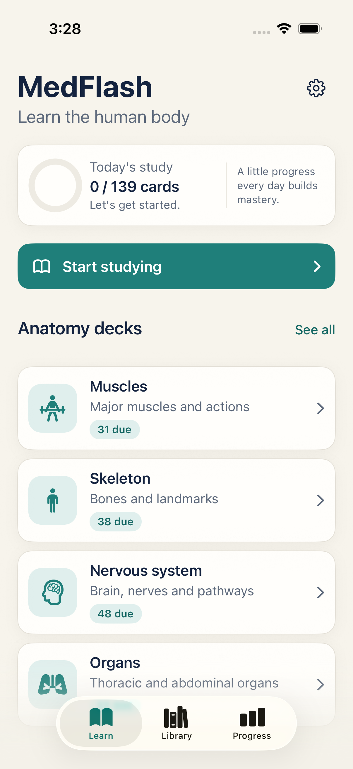 MedFlash home screen showing anatomy decks and daily study progress